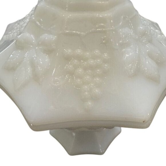 Vintage Octagonal White Milk Glass Compote With Lid Featuring Embossed Grapes & - Picture 3 of 14